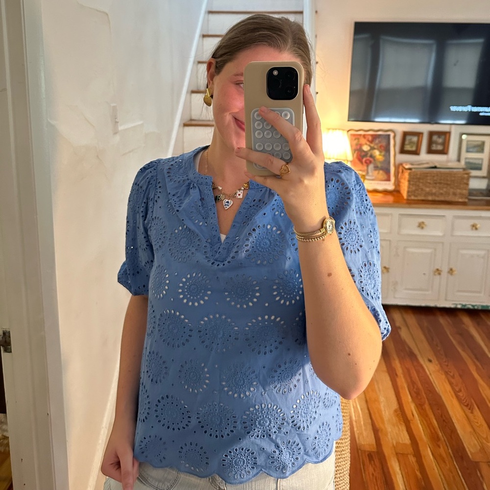 Elegant Blue Eyelet Blouse